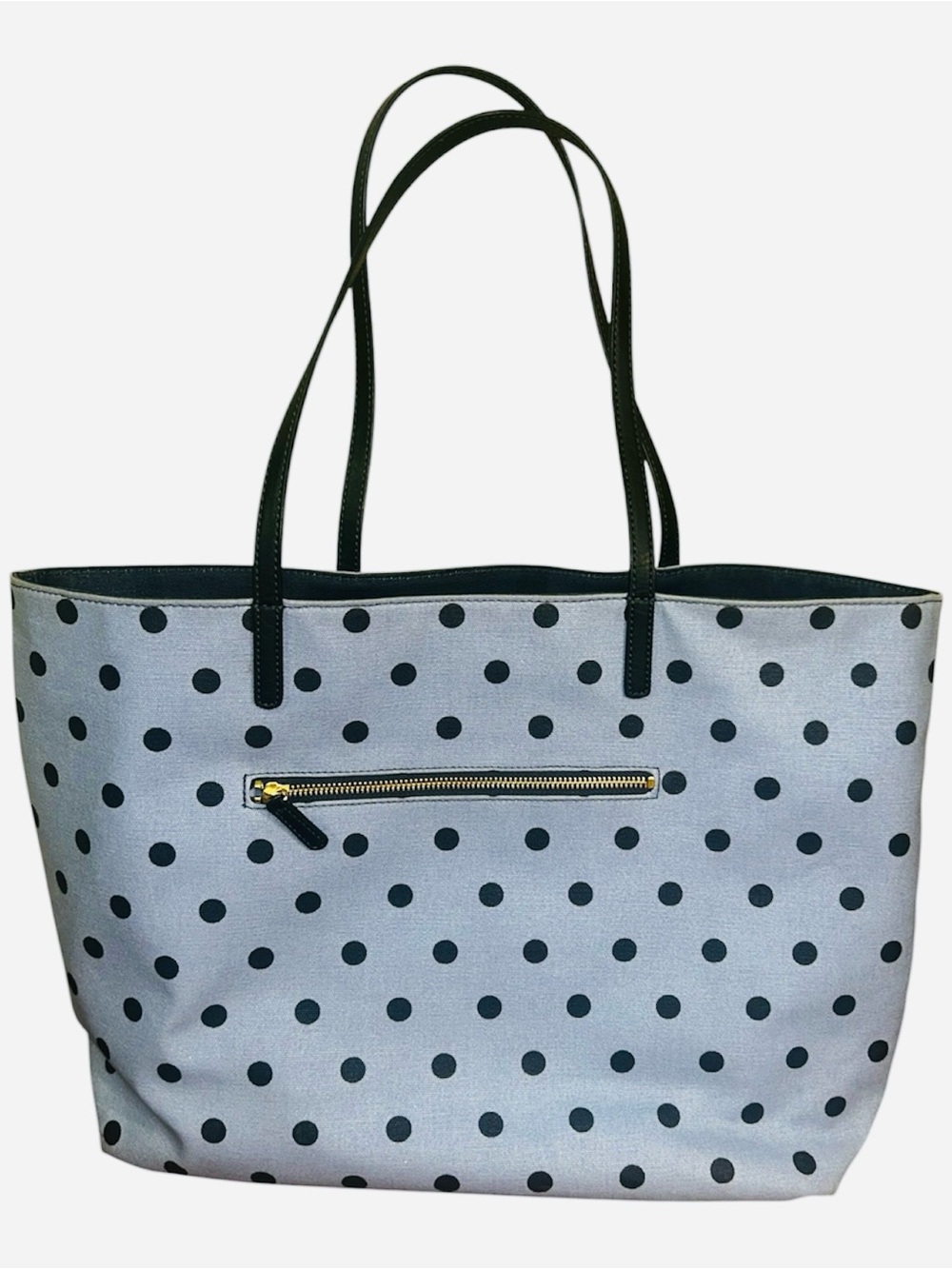 Navy polka dot tote bag on light blue background #polkadot #tote